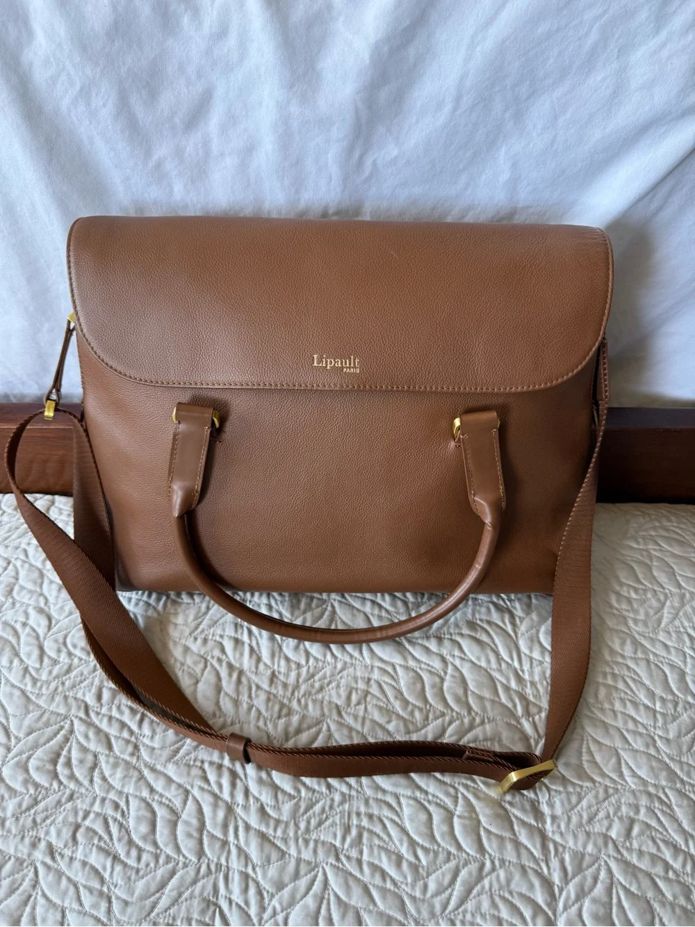 Lipault Plume Elegance Leather Commuter Laptop Bag Cognac Brown excellent